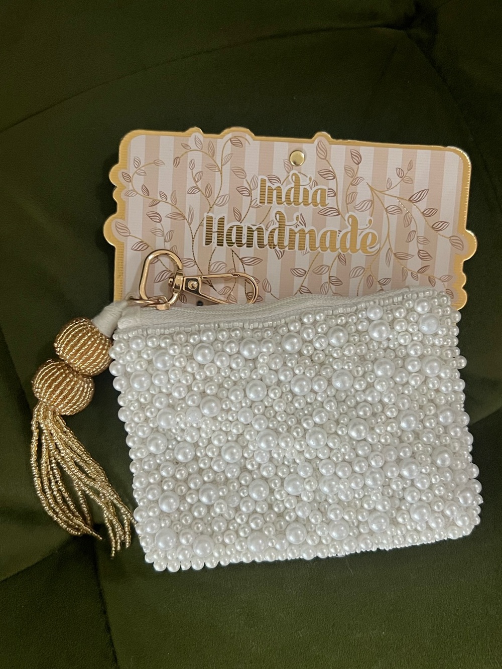 Handmade Pearl Beaded White wallet Wallet with Gold Tassel